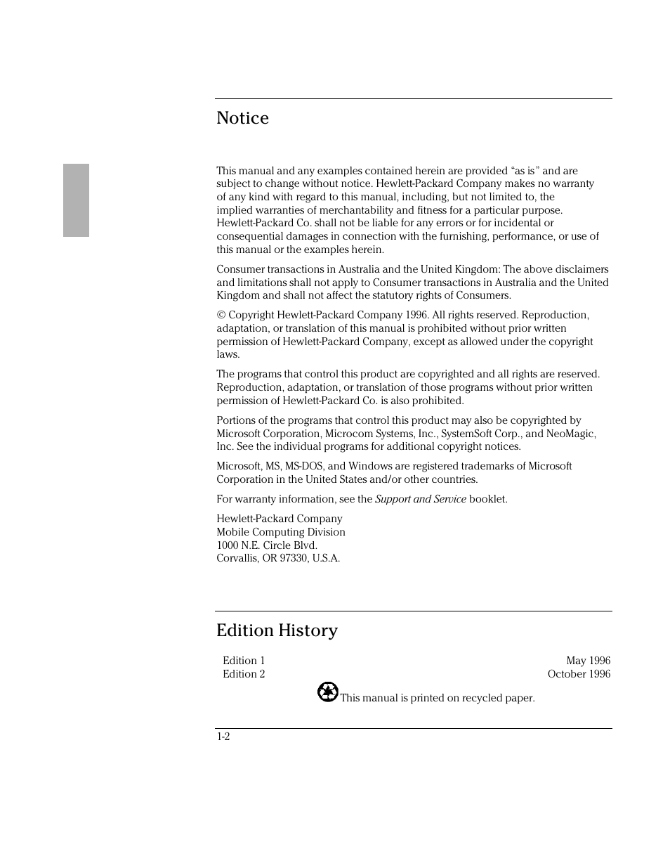 Notice, Edition history | HP OmniBook 800 Notebook PC User Manual | Page 2 / 44