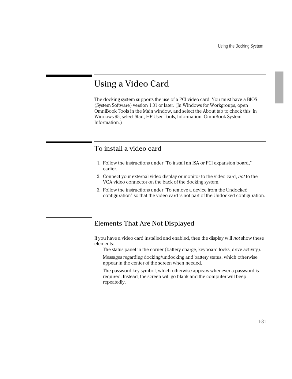 Using a video card, Elements that are not displayed | HP OmniBook 800 Notebook PC User Manual | Page 31 / 44