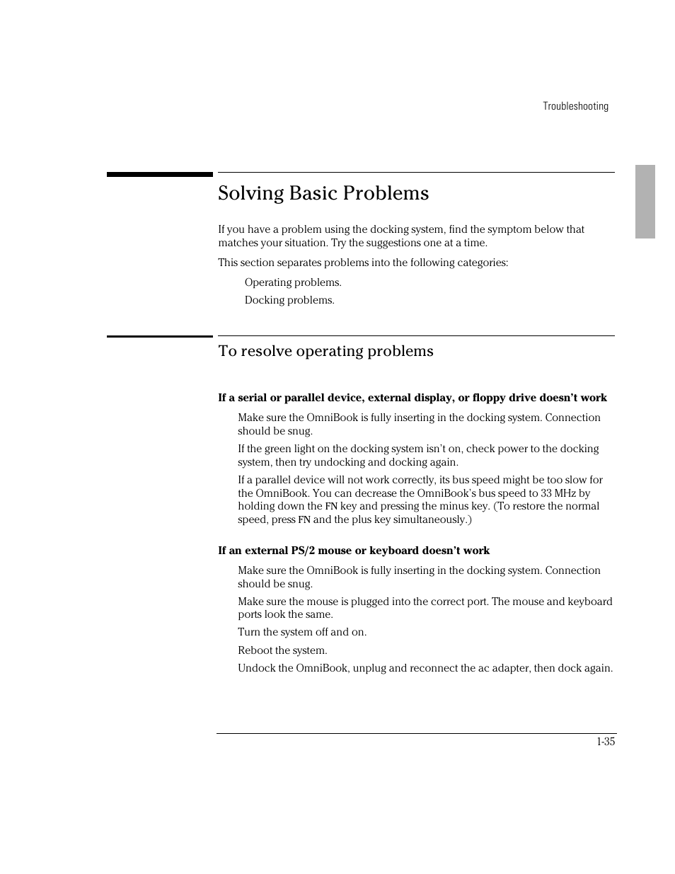 Solving basic problems | HP OmniBook 800 Notebook PC User Manual | Page 35 / 44