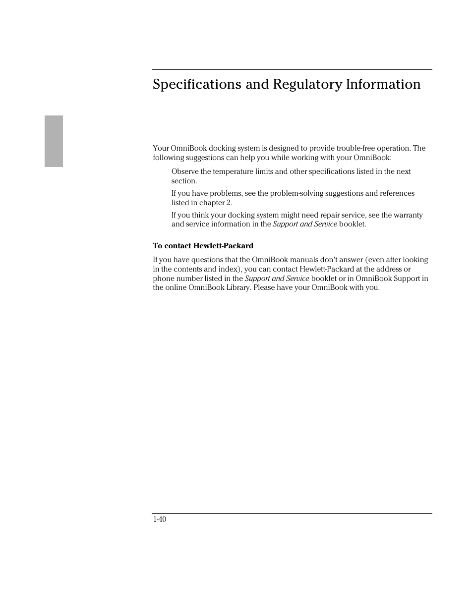 Specifications and regulatory information | HP OmniBook 800 Notebook PC User Manual | Page 40 / 44