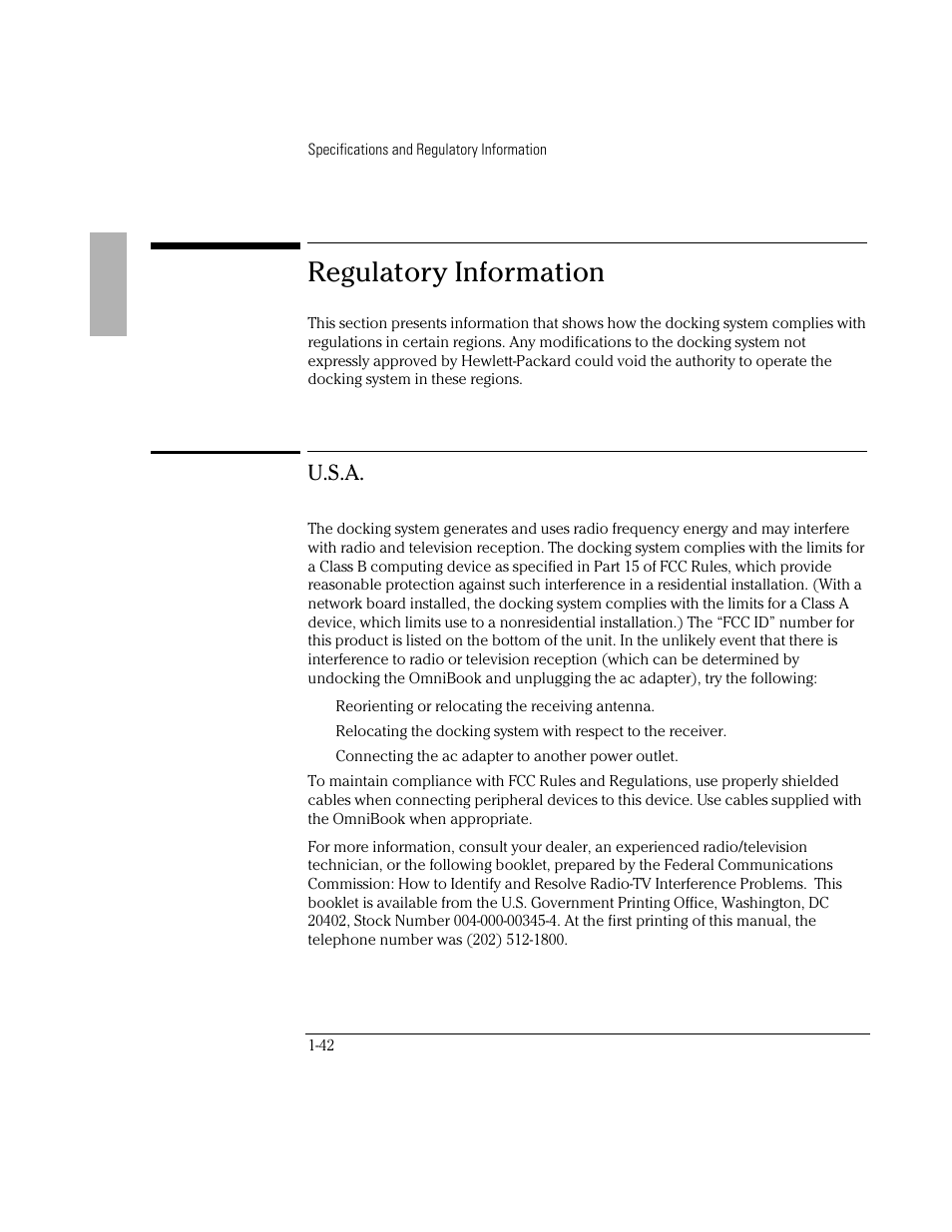 Regulatory information, U.s.a | HP OmniBook 800 Notebook PC User Manual | Page 42 / 44