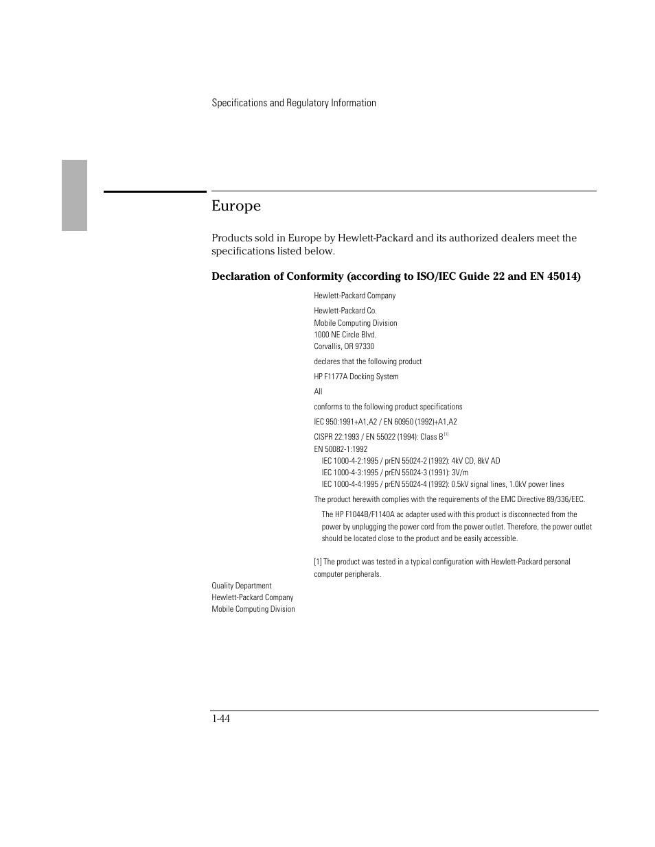 Europe | HP OmniBook 800 Notebook PC User Manual | Page 44 / 44