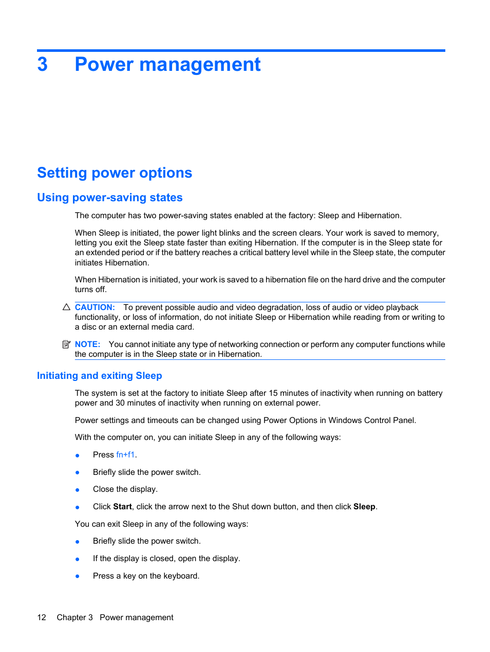Power management, Setting power options, Using power-saving states | Initiating and exiting sleep, 3 power management, 3power management | HP Compaq Mini 110c-1150EB PC User Manual | Page 22 / 89