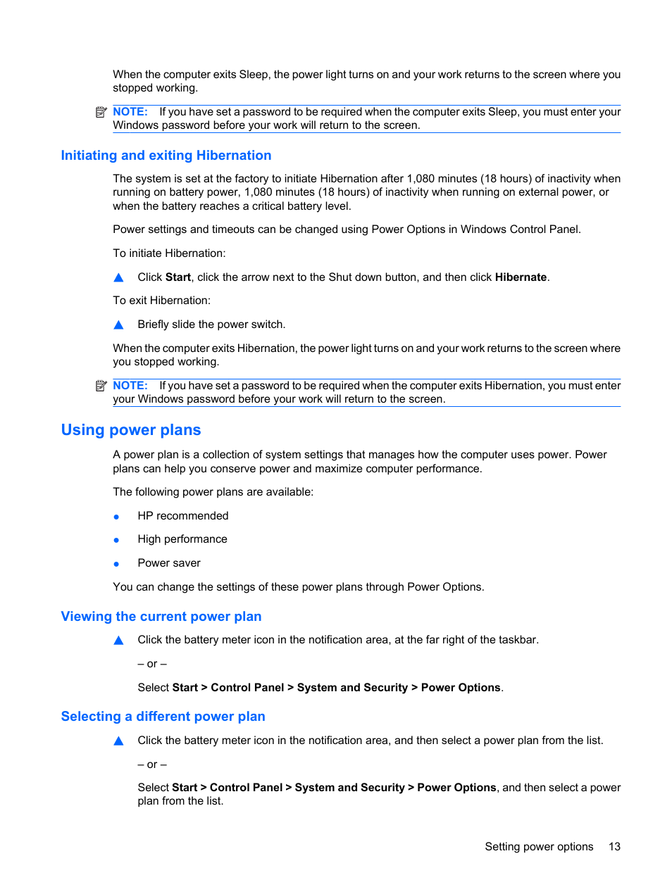 Initiating and exiting hibernation, Using power plans, Viewing the current power plan | Selecting a different power plan | HP Compaq Mini 110c-1150EB PC User Manual | Page 23 / 89