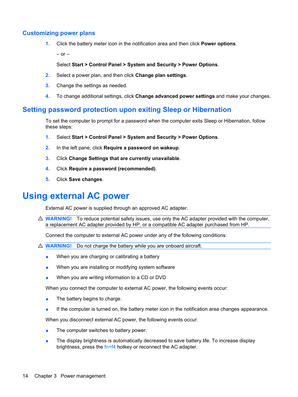 Customizing power plans, Using external ac power | HP Compaq Mini 110c-1150EB PC User Manual | Page 24 / 89