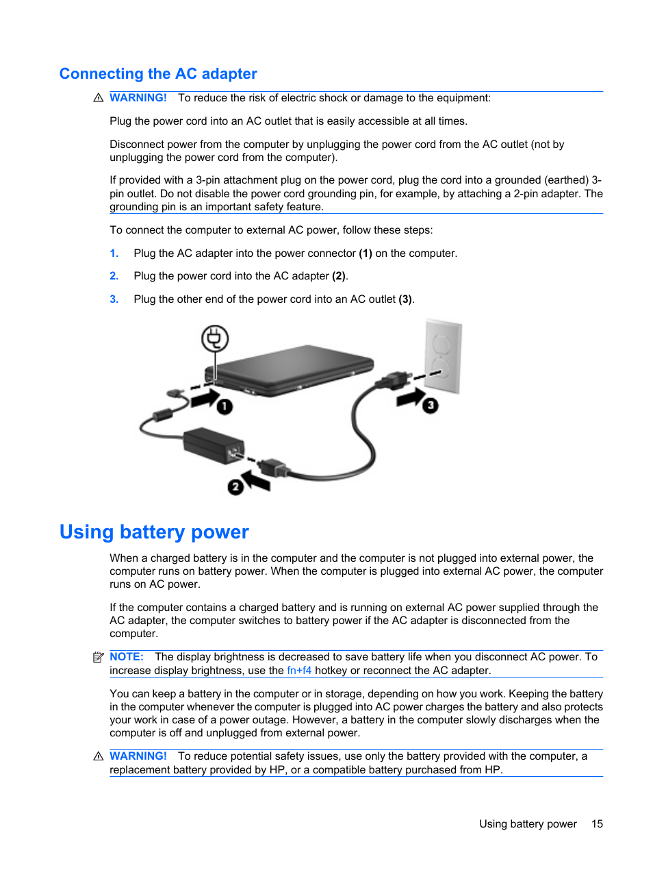 Connecting the ac adapter, Using battery power | HP Compaq Mini 110c-1150EB PC User Manual | Page 25 / 89