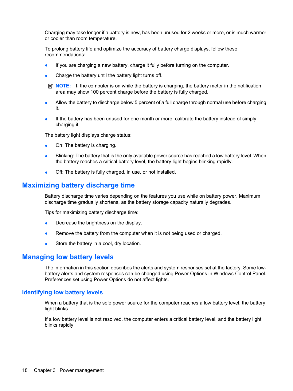 Maximizing battery discharge time, Managing low battery levels, Identifying low battery levels | HP Compaq Mini 110c-1150EB PC User Manual | Page 28 / 89