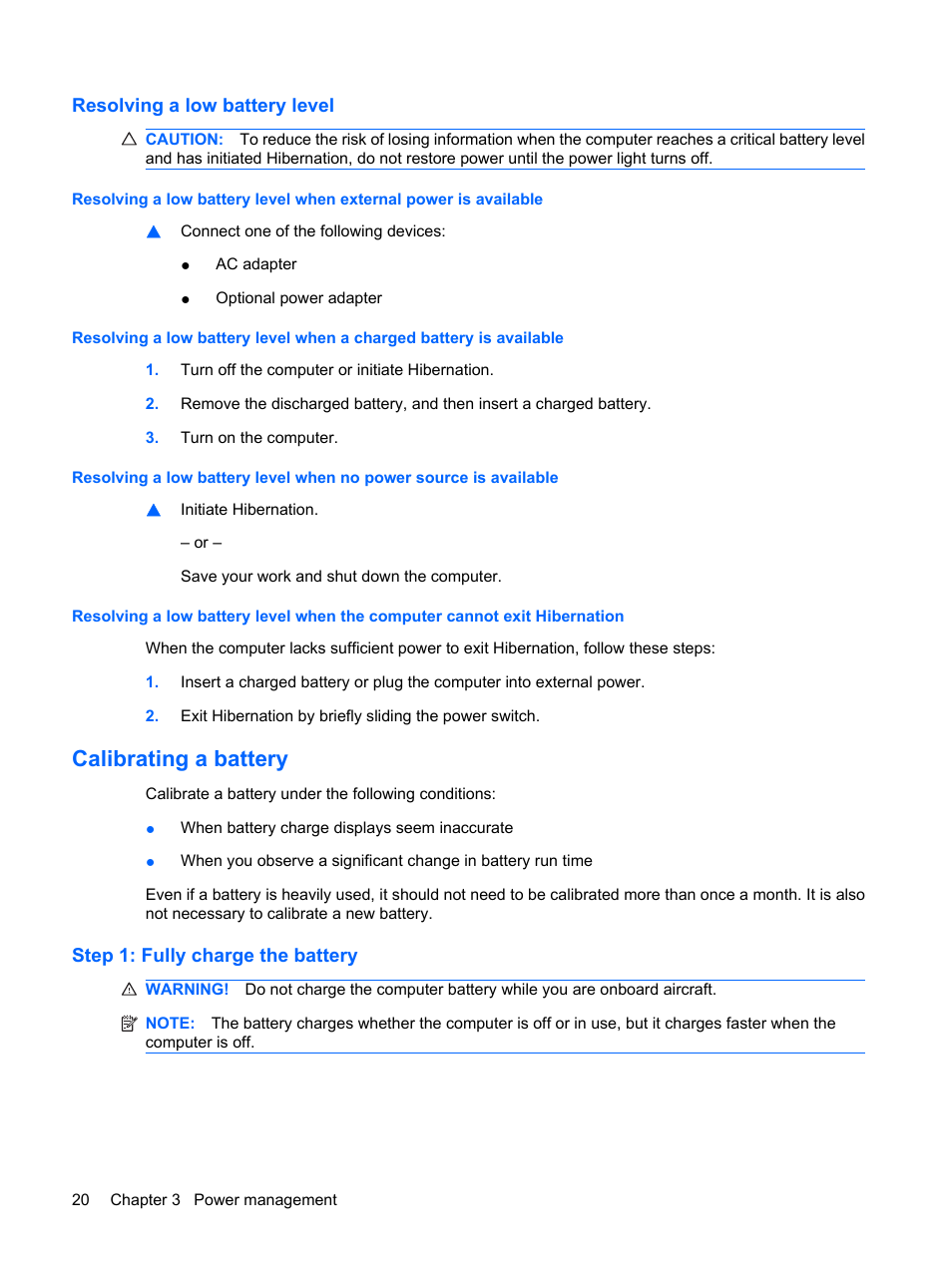 Resolving a low battery level, Calibrating a battery, Step 1: fully charge the battery | HP Compaq Mini 110c-1150EB PC User Manual | Page 30 / 89