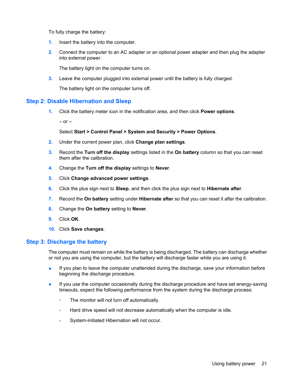 Step 2: disable hibernation and sleep, Step 3: discharge the battery | HP Compaq Mini 110c-1150EB PC User Manual | Page 31 / 89