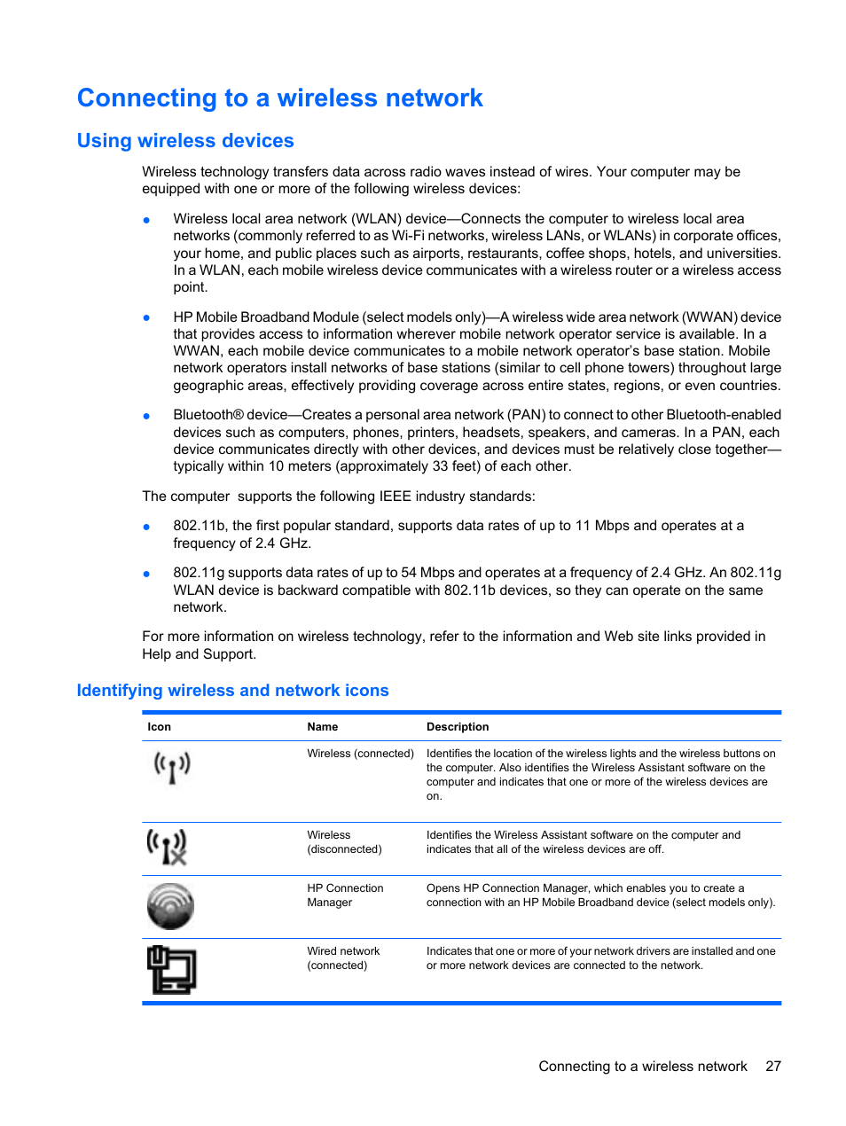 Connecting to a wireless network, Using wireless devices, Identifying wireless and network icons | HP Compaq Mini 110c-1150EB PC User Manual | Page 37 / 89