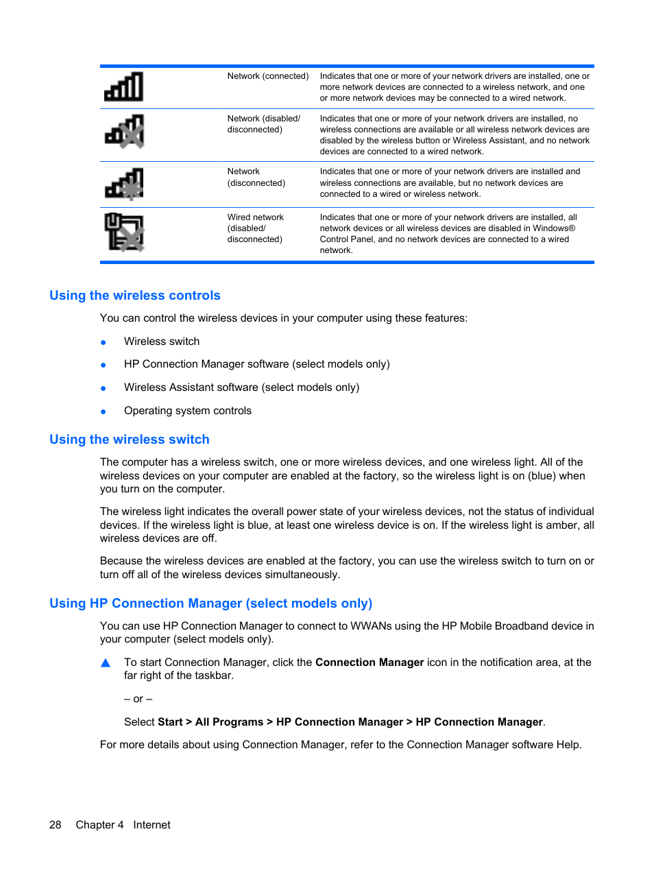 Using the wireless controls, Using the wireless switch, Using hp connection manager (select models only) | HP Compaq Mini 110c-1150EB PC User Manual | Page 38 / 89