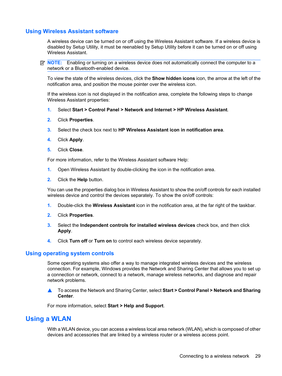 Using wireless assistant software, Using operating system controls, Using a wlan | HP Compaq Mini 110c-1150EB PC User Manual | Page 39 / 89