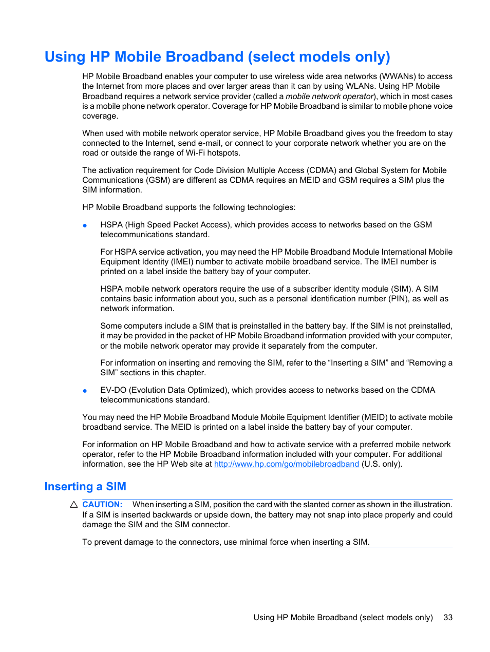 Using hp mobile broadband (select models only), Inserting a sim | HP Compaq Mini 110c-1150EB PC User Manual | Page 43 / 89