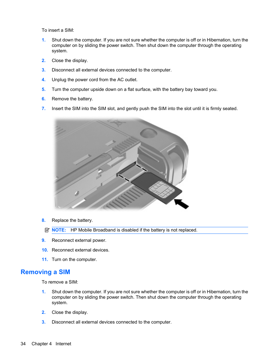 Removing a sim | HP Compaq Mini 110c-1150EB PC User Manual | Page 44 / 89