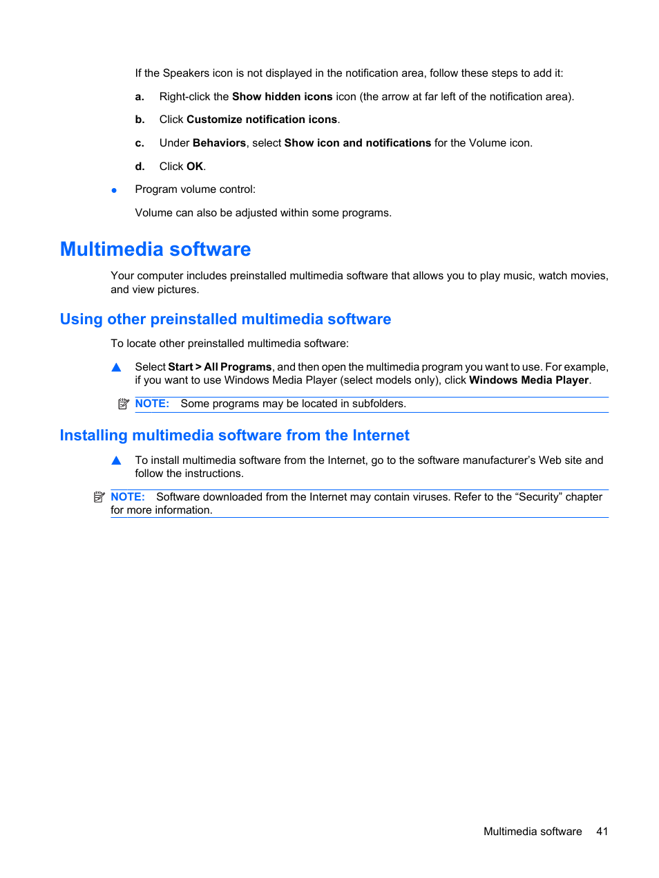 Multimedia software, Using other preinstalled multimedia software, Installing multimedia software from the internet | HP Compaq Mini 110c-1150EB PC User Manual | Page 51 / 89