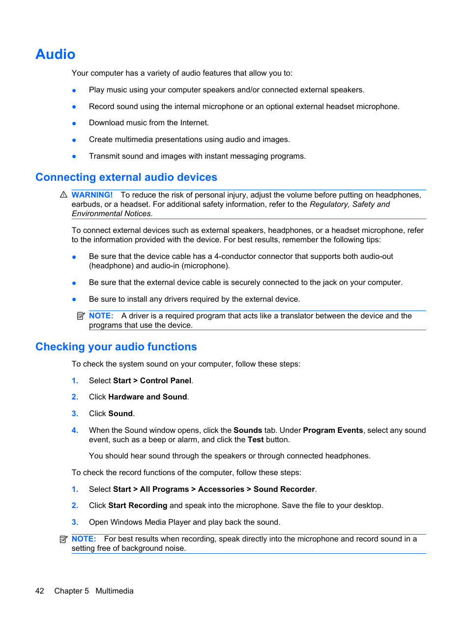 Audio, Connecting external audio devices, Checking your audio functions | HP Compaq Mini 110c-1150EB PC User Manual | Page 52 / 89