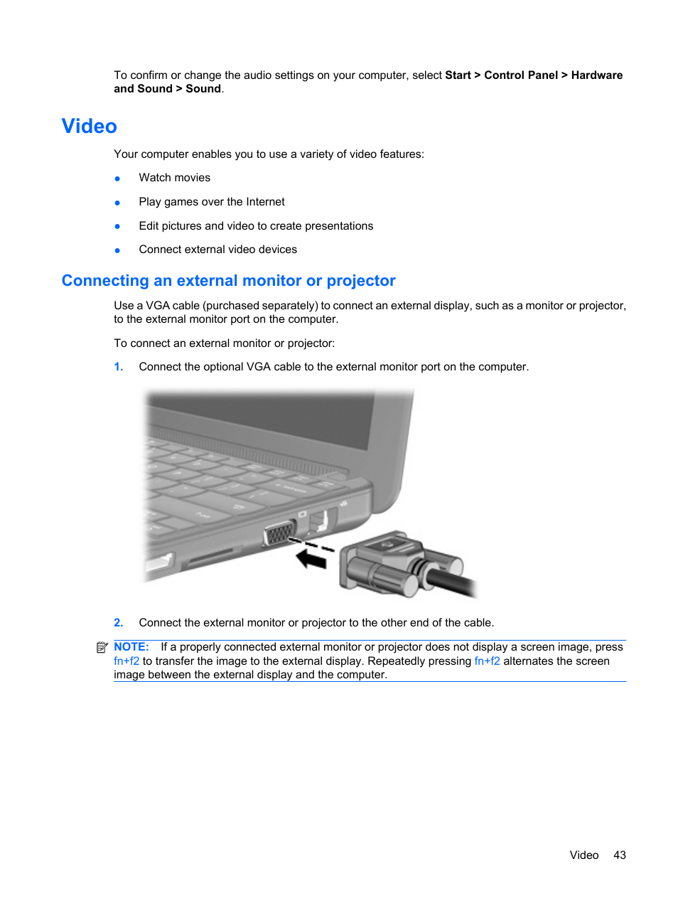 Video, Connecting an external monitor or projector | HP Compaq Mini 110c-1150EB PC User Manual | Page 53 / 89