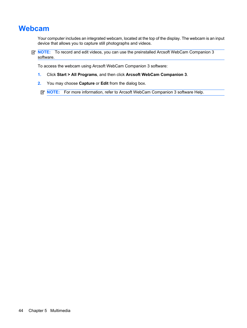 Webcam | HP Compaq Mini 110c-1150EB PC User Manual | Page 54 / 89