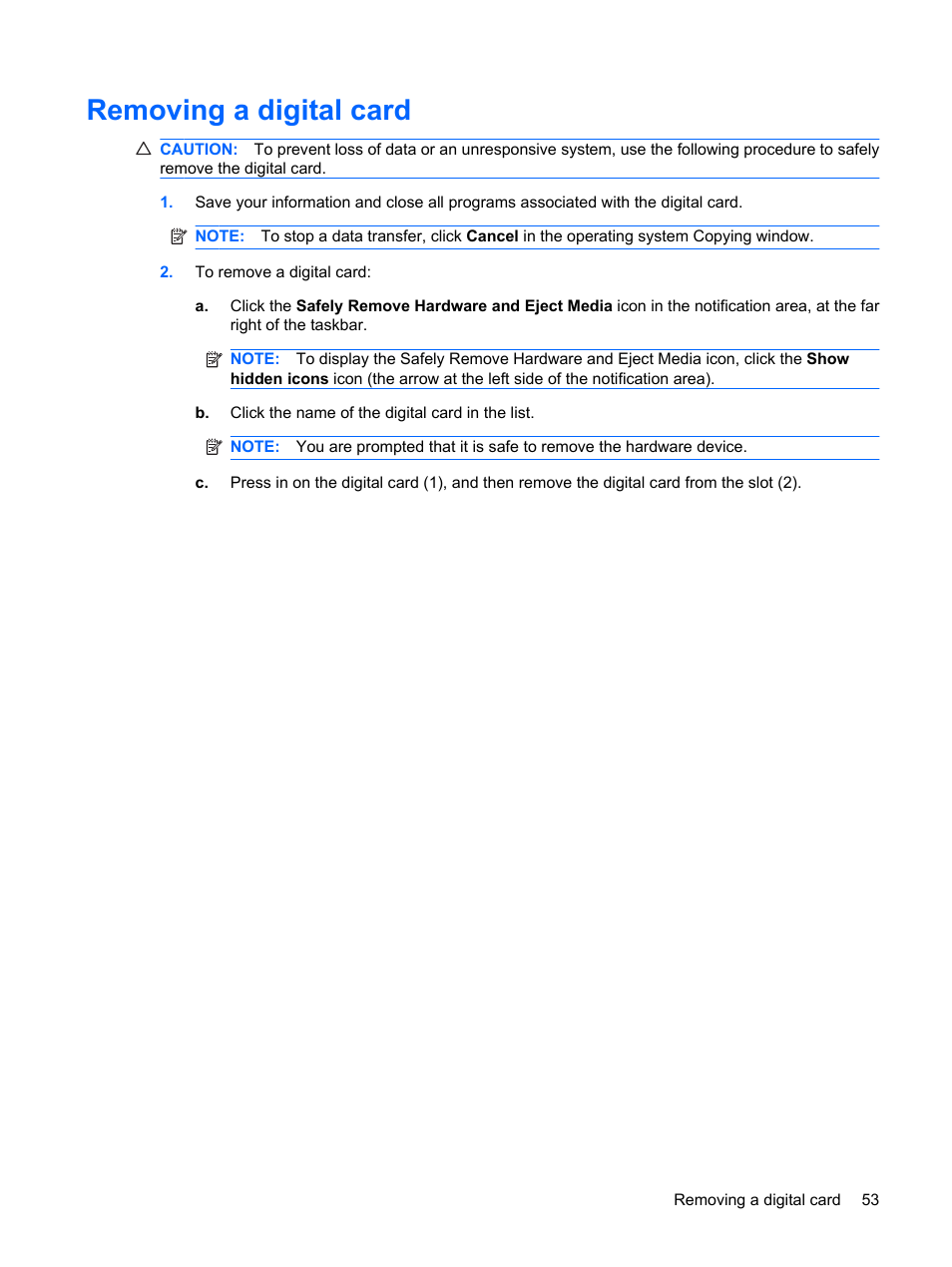 Removing a digital card | HP Compaq Mini 110c-1150EB PC User Manual | Page 63 / 89