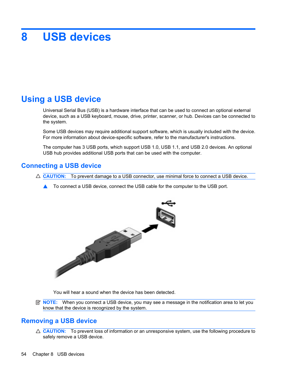 Usb devices, Using a usb device, Connecting a usb device | Removing a usb device, 8 usb devices, Connecting a usb device removing a usb device, 8usb devices | HP Compaq Mini 110c-1150EB PC User Manual | Page 64 / 89
