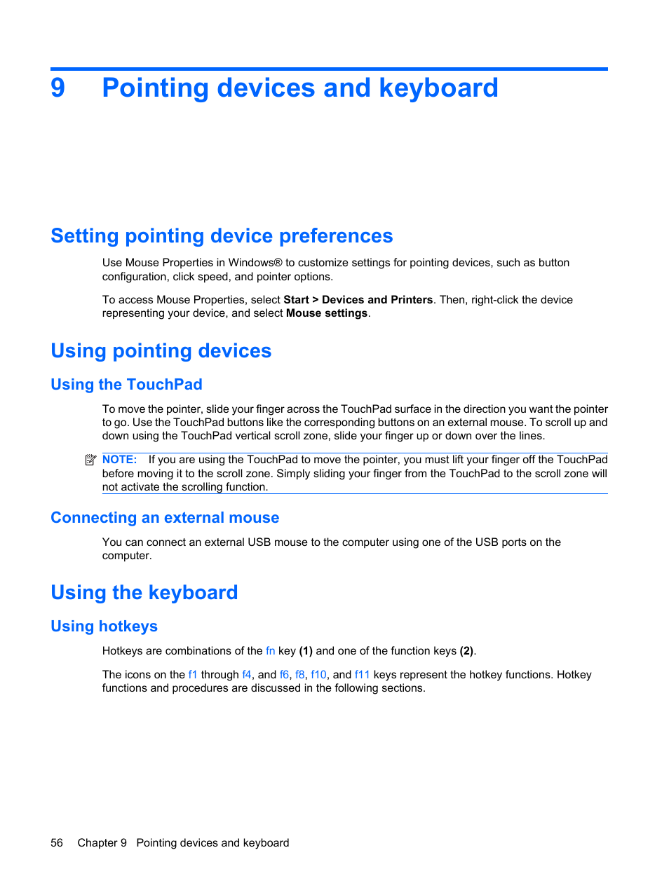 Pointing devices and keyboard, Setting pointing device preferences, Using pointing devices | Using the touchpad, Connecting an external mouse, Using the keyboard, Using hotkeys, 9 pointing devices and keyboard, Using the touchpad connecting an external mouse, 9pointing devices and keyboard | HP Compaq Mini 110c-1150EB PC User Manual | Page 66 / 89