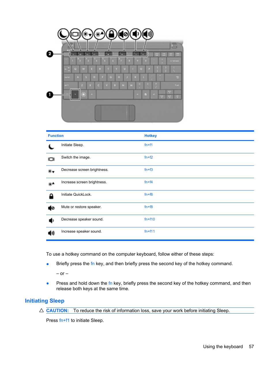 Initiating sleep | HP Compaq Mini 110c-1150EB PC User Manual | Page 67 / 89