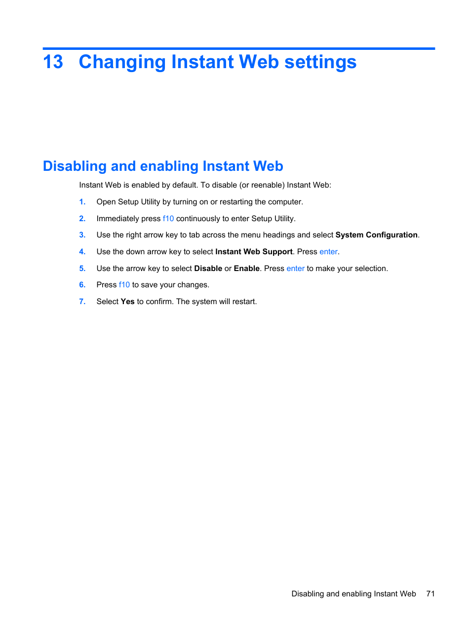 Changing instant web settings, Disabling and enabling instant web, 13 changing instant web settings | HP Compaq Mini 110c-1150EB PC User Manual | Page 81 / 89