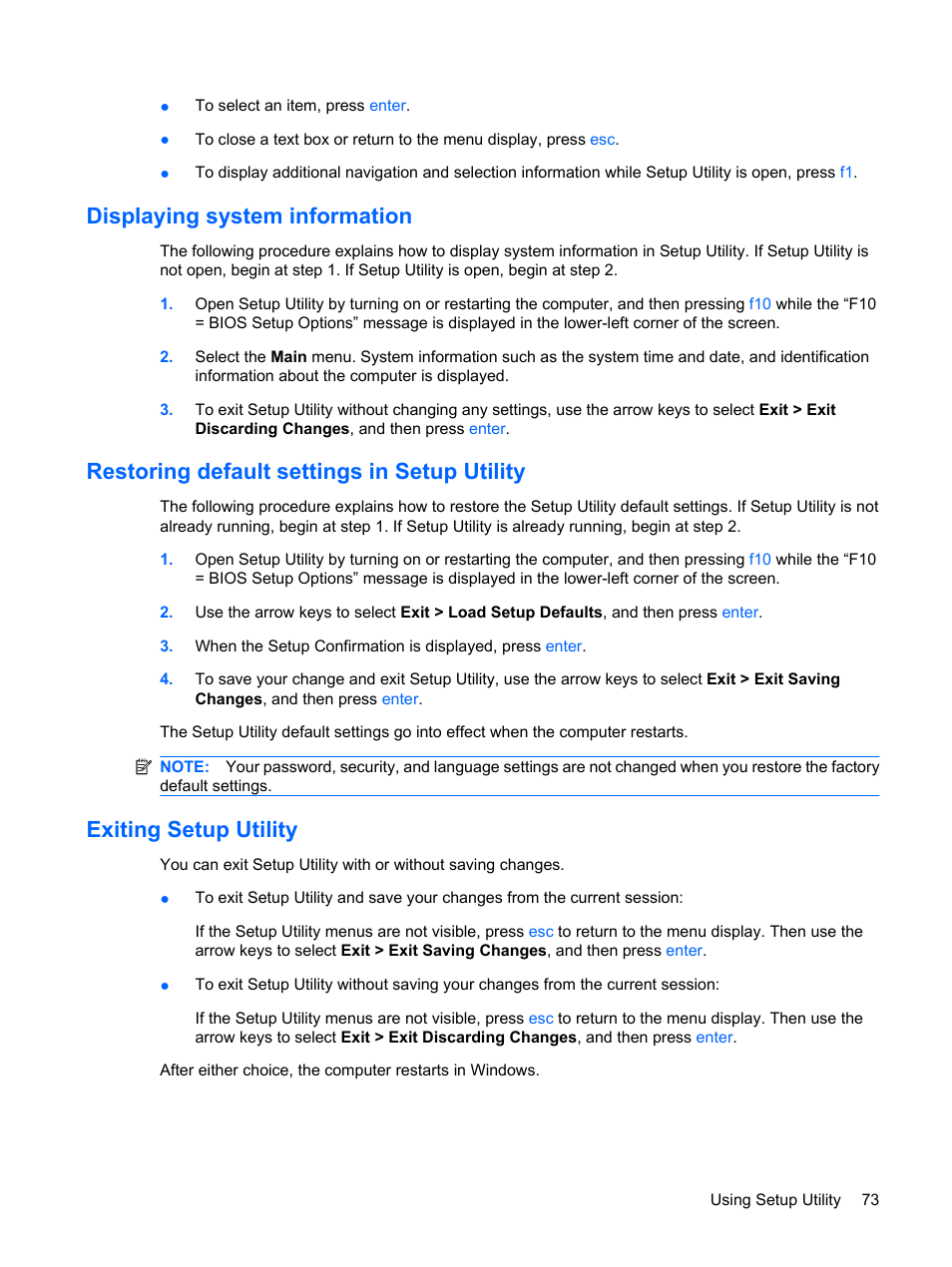 Displaying system information, Restoring default settings in setup utility, Exiting setup utility | HP Compaq Mini 110c-1150EB PC User Manual | Page 83 / 89