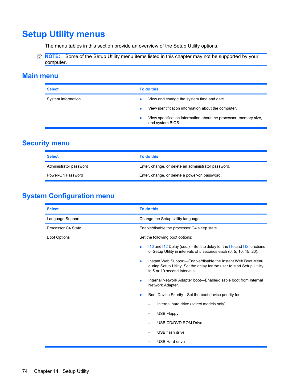 Setup utility menus, Main menu, Security menu | System configuration menu, Main menu security menu system configuration menu | HP Compaq Mini 110c-1150EB PC User Manual | Page 84 / 89