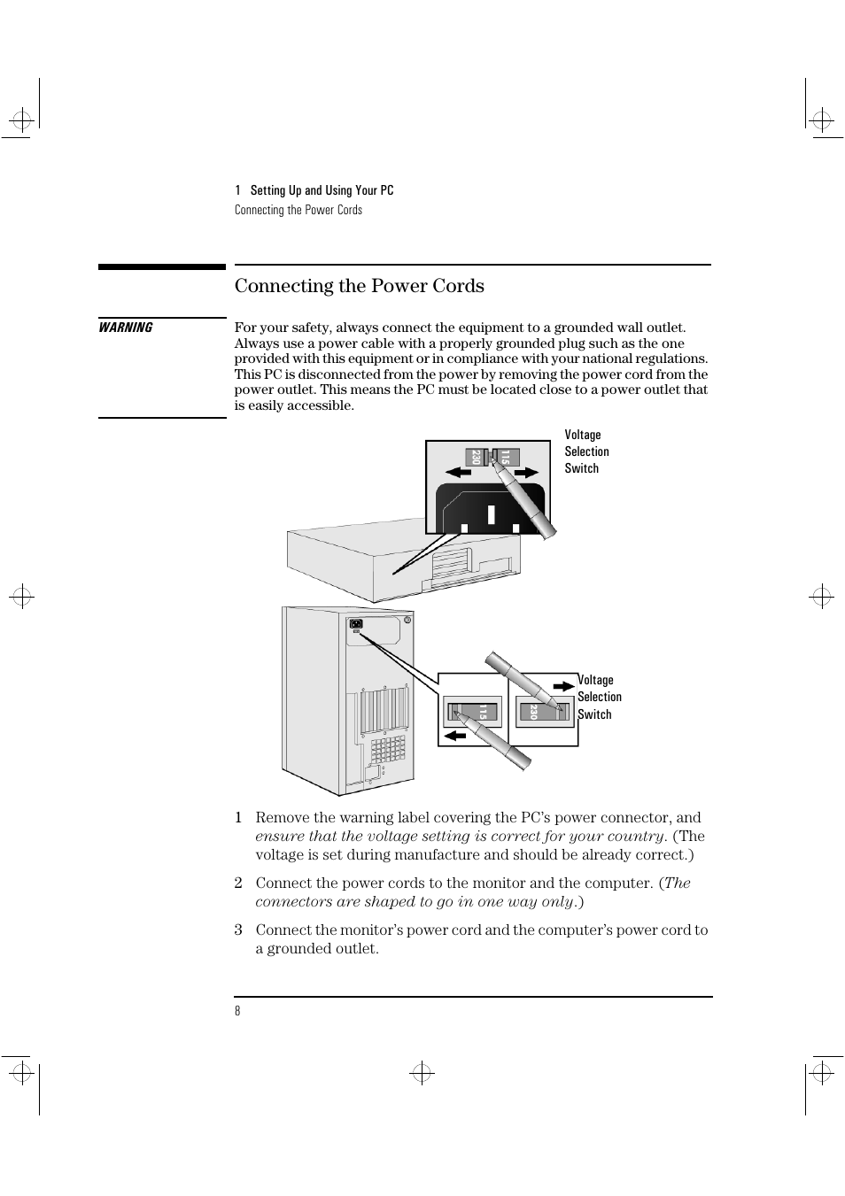 Connecting the power cords | HP Vectra VLi8 User Manual | Page 12 / 78