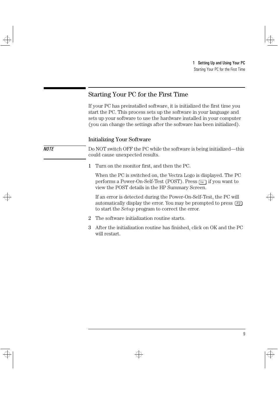 Starting your pc for the first time | HP Vectra VLi8 User Manual | Page 13 / 78