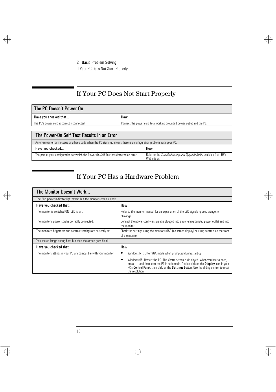 The pc doesn’t power on, The power-on self test results in an error, The monitor doesn’t work | HP Vectra VLi8 User Manual | Page 20 / 78