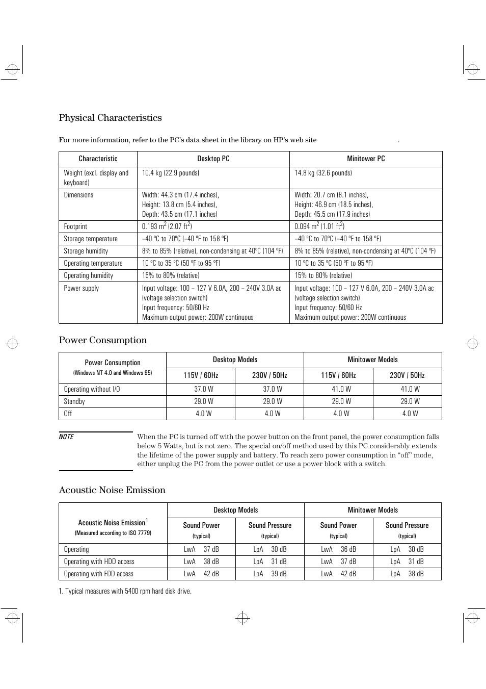 Physical characteristics, Power consumption, Acoustic noise emission | HP Vectra VLi8 User Manual | Page 77 / 78