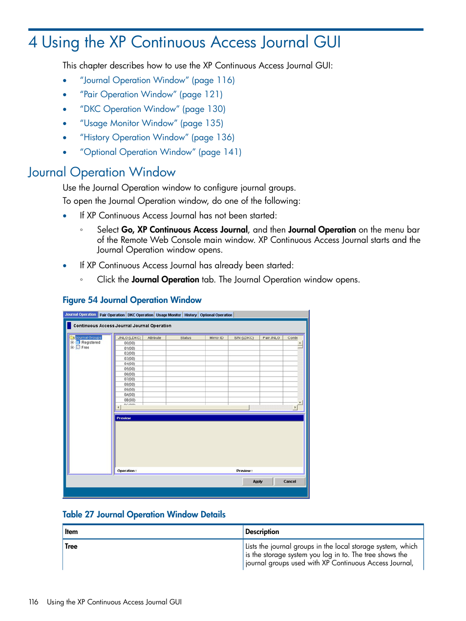 4 using the xp continuous access journal gui, Journal operation window | HP StorageWorks XP Remote Web Console Software User Manual | Page 116 / 245