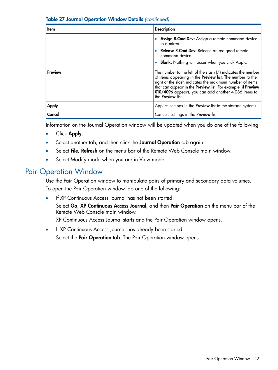 Pair operation window | HP StorageWorks XP Remote Web Console Software User Manual | Page 121 / 245