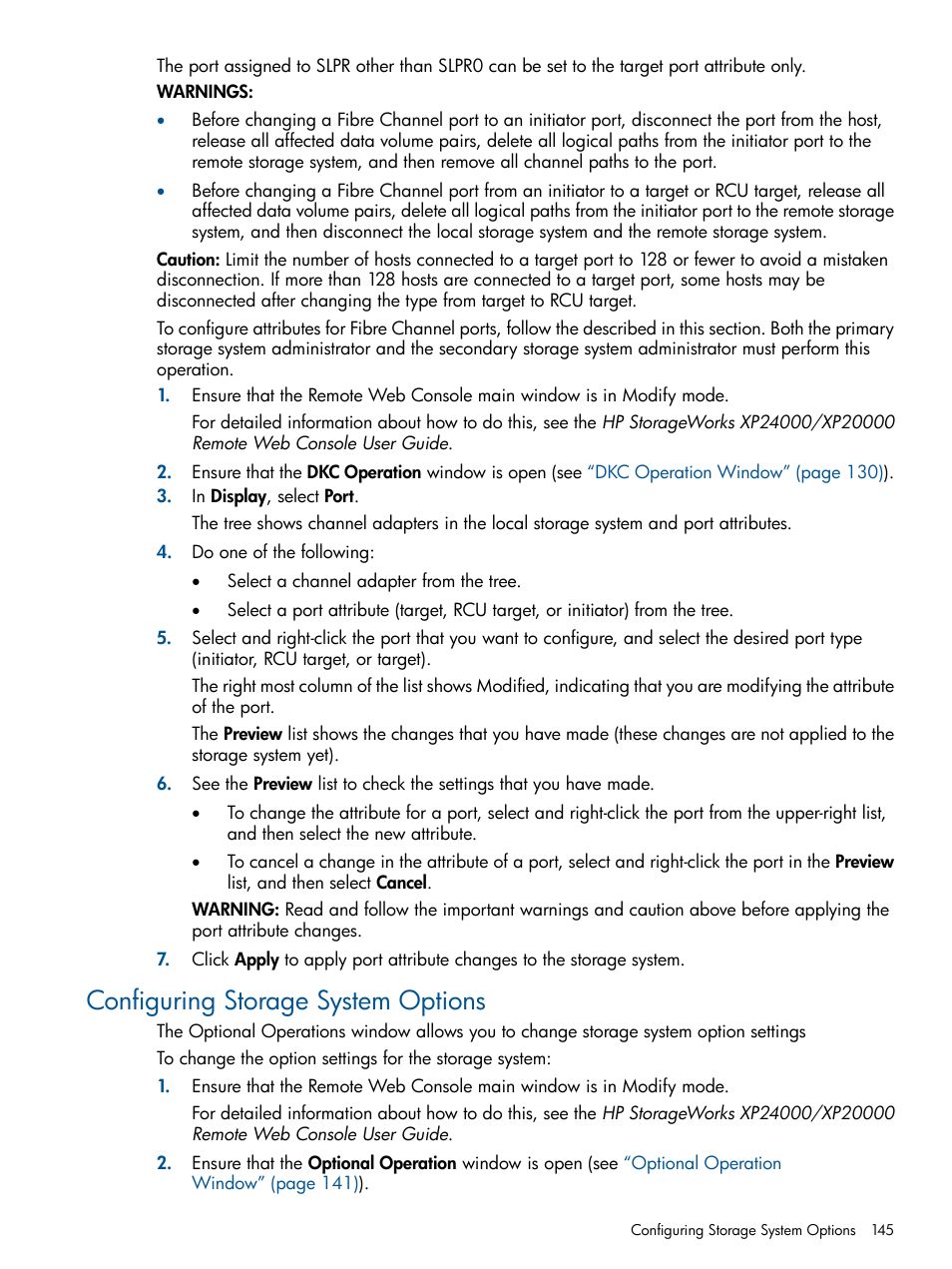 Configuring storage system options | HP StorageWorks XP Remote Web Console Software User Manual | Page 145 / 245