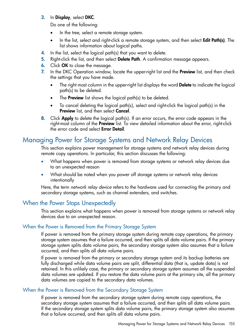 When the power stops unexpectedly, Managing power for storage systems and | HP StorageWorks XP Remote Web Console Software User Manual | Page 155 / 245