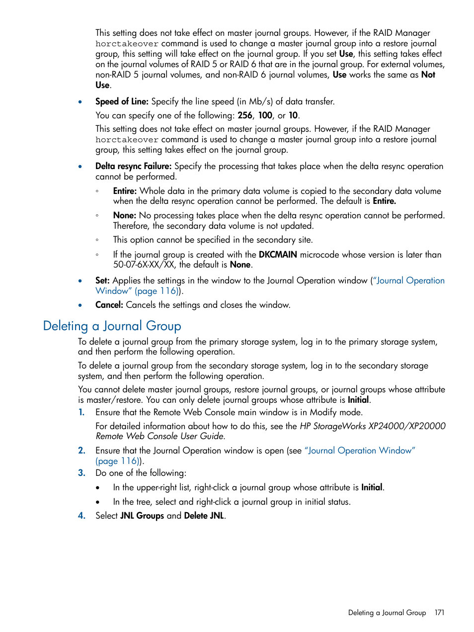 Deleting a journal group | HP StorageWorks XP Remote Web Console Software User Manual | Page 171 / 245