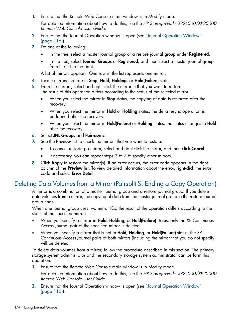 Deleting data volumes from a mirror (pairsplit-s | HP StorageWorks XP Remote Web Console Software User Manual | Page 174 / 245