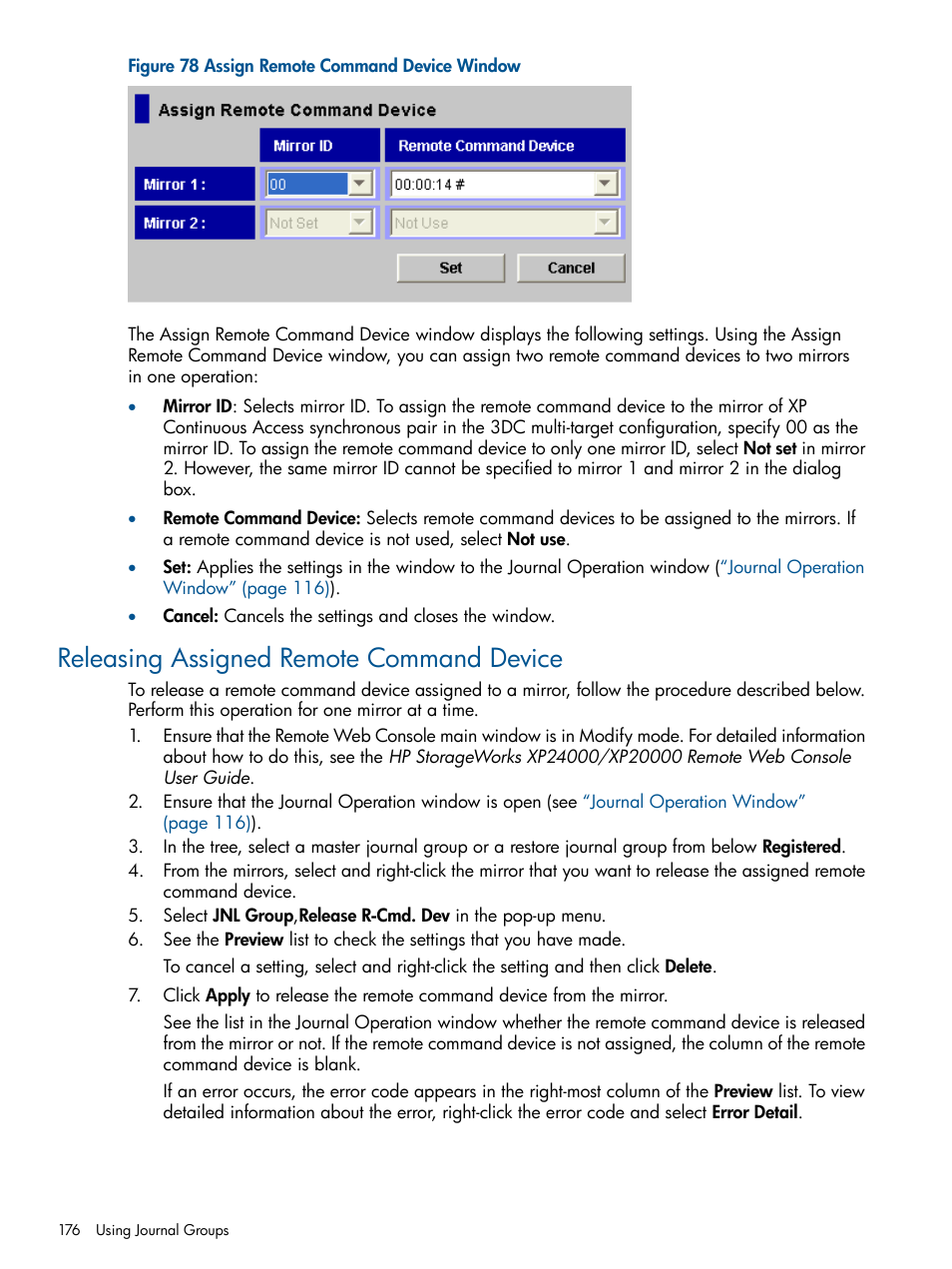 Releasing assigned remote command device | HP StorageWorks XP Remote Web Console Software User Manual | Page 176 / 245
