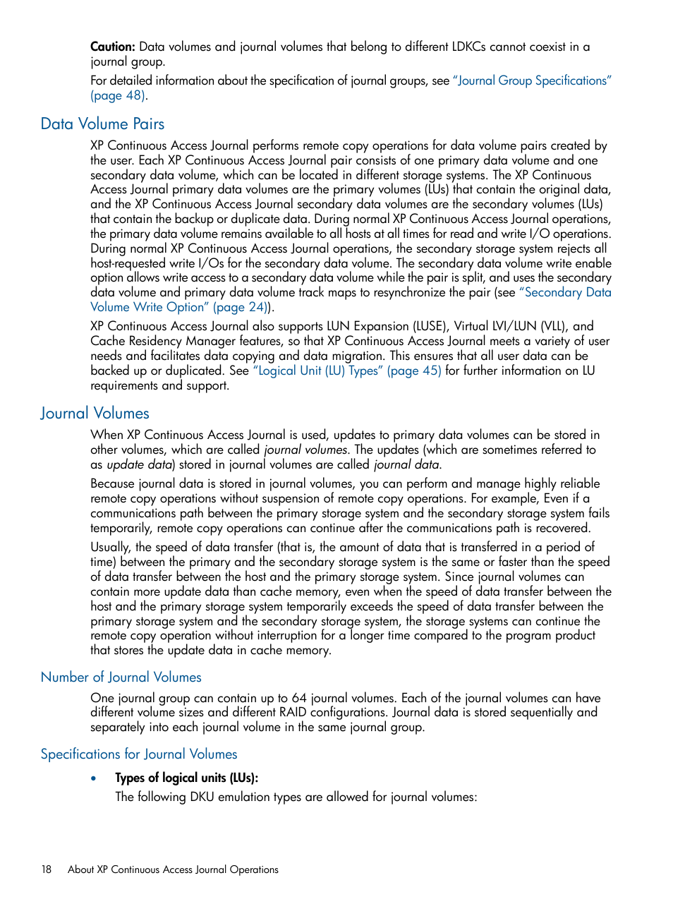 Data volume pairs, Journal volumes, Number of journal volumes | Specifications for journal volumes, Data volume pairs journal volumes | HP StorageWorks XP Remote Web Console Software User Manual | Page 18 / 245