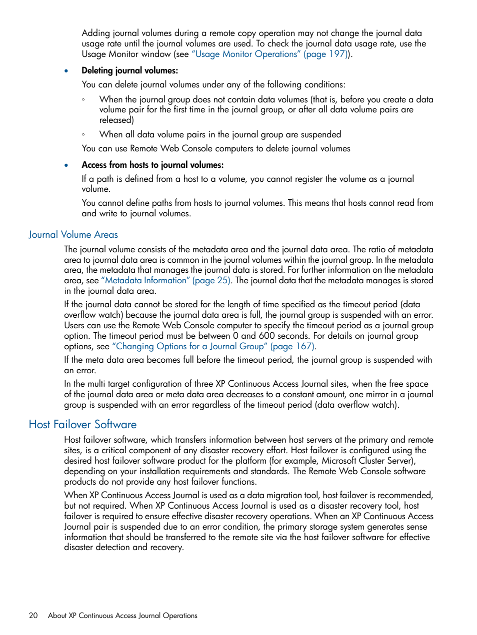 Journal volume areas, Host failover software | HP StorageWorks XP Remote Web Console Software User Manual | Page 20 / 245