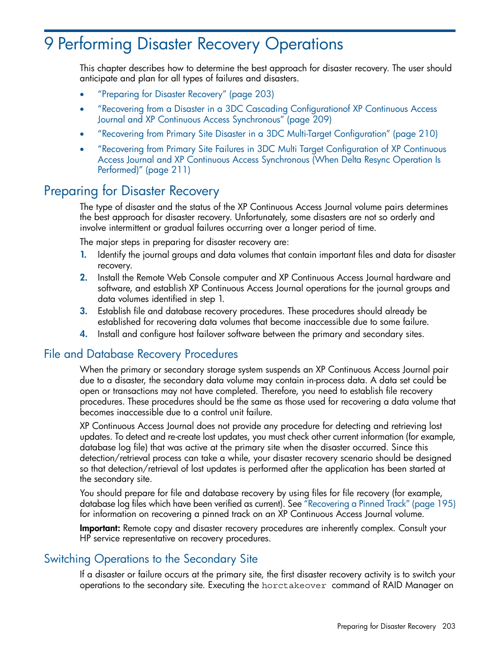 9 performing disaster recovery operations, Preparing for disaster recovery, File and database recovery procedures | Switching operations to the secondary site | HP StorageWorks XP Remote Web Console Software User Manual | Page 203 / 245