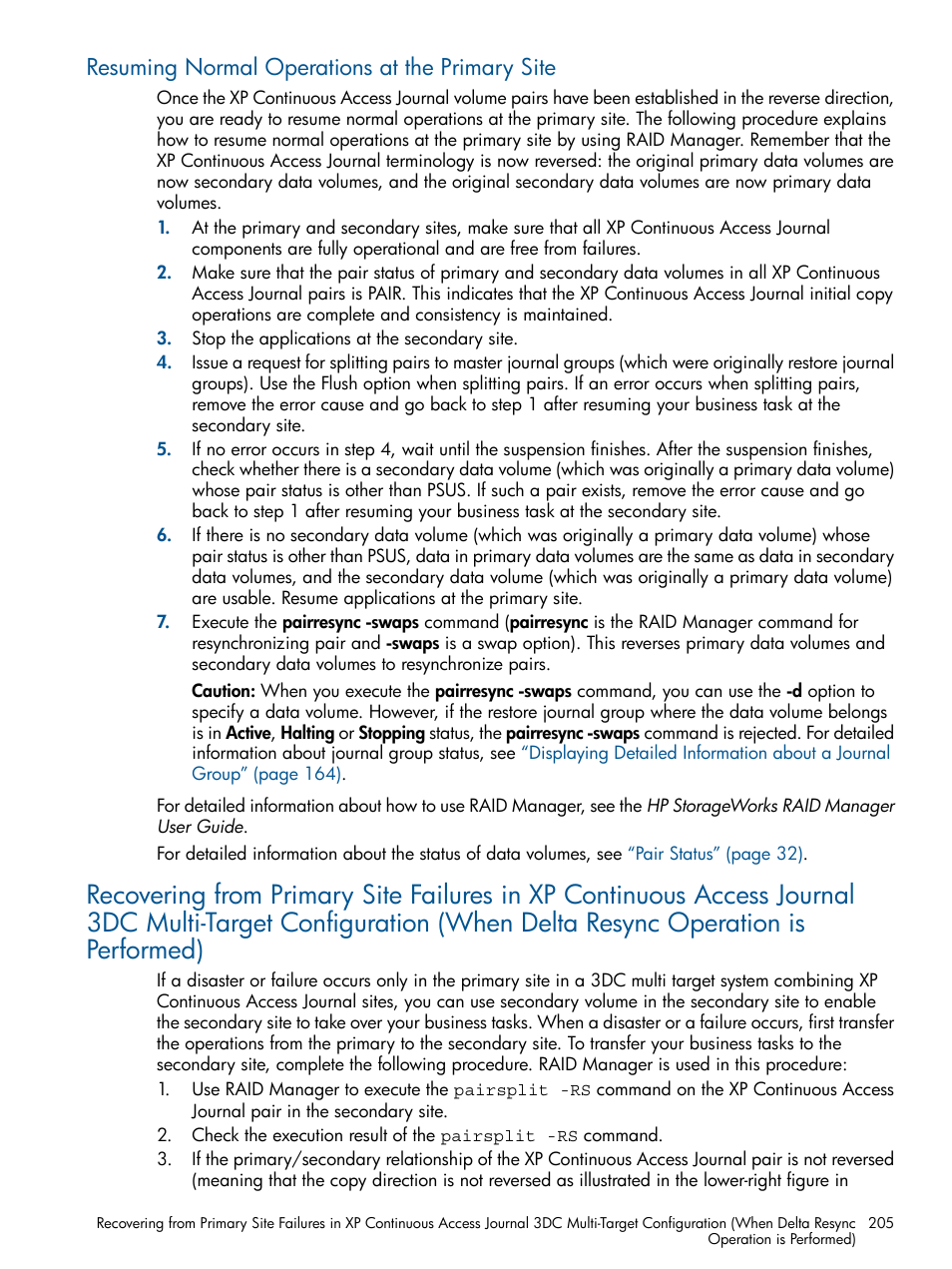 Resuming normal operations at the primary site | HP StorageWorks XP Remote Web Console Software User Manual | Page 205 / 245