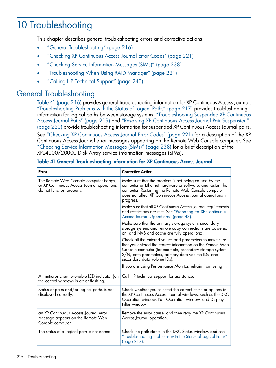 10 troubleshooting, General troubleshooting, General | HP StorageWorks XP Remote Web Console Software User Manual | Page 216 / 245