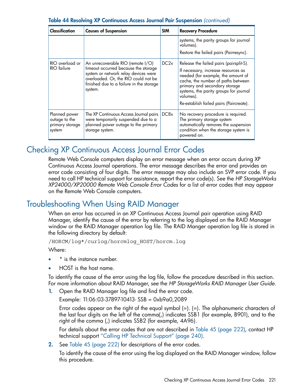 Checking xp continuous access journal error codes, Troubleshooting when using raid manager | HP StorageWorks XP Remote Web Console Software User Manual | Page 221 / 245