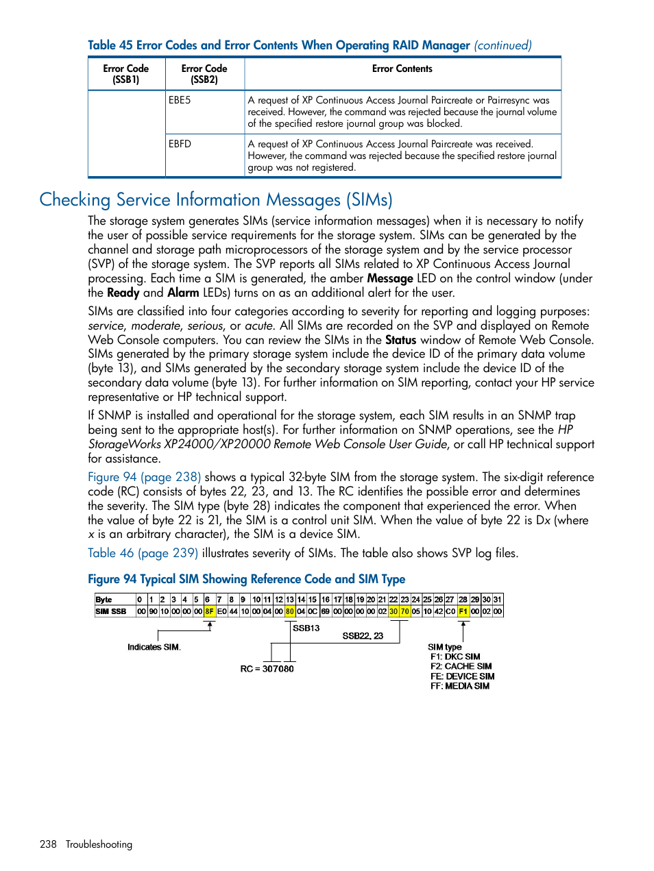 Checking service information messages (sims) | HP StorageWorks XP Remote Web Console Software User Manual | Page 238 / 245