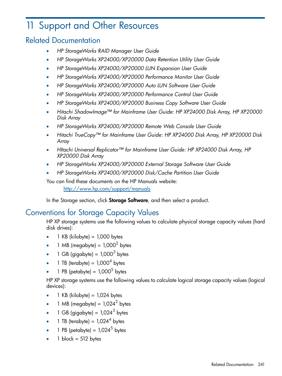 11 support and other resources, Related documentation, Conventions for storage capacity values | HP StorageWorks XP Remote Web Console Software User Manual | Page 241 / 245