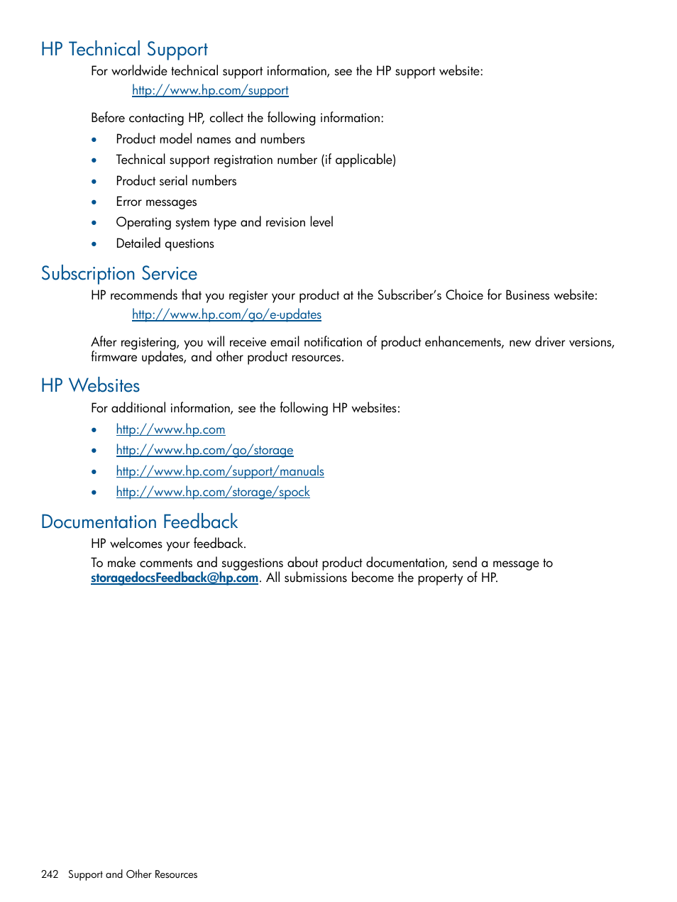 Hp technical support, Subscription service, Hp websites | Documentation feedback | HP StorageWorks XP Remote Web Console Software User Manual | Page 242 / 245
