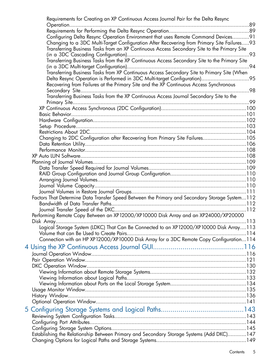 4 using the xp continuous access journal gui, 5 configuring storage systems and logical paths | HP StorageWorks XP Remote Web Console Software User Manual | Page 5 / 245